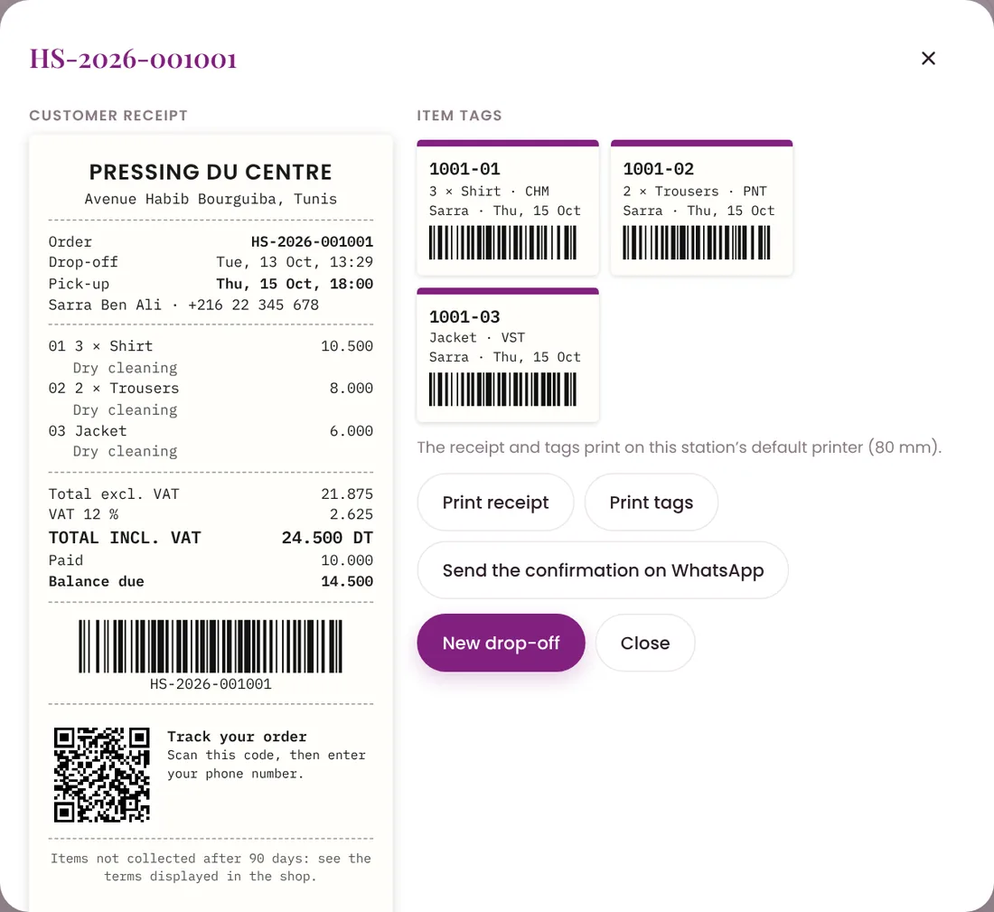 Customer receipt with tracking QR code and item tags