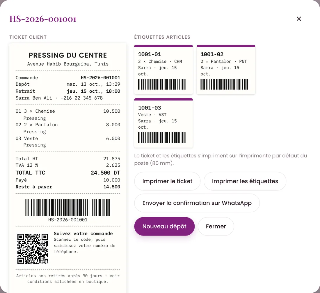Ticket client avec QR code de suivi et étiquettes des articles